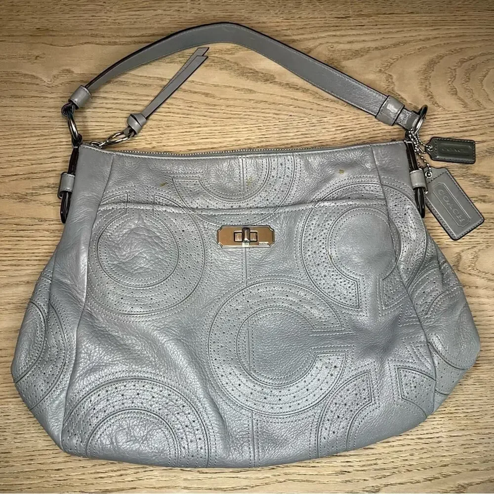 COACH Madison Leather Hobo Bag Stitched Monogram Gray Women’s Purse